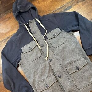 All-Son Brand Hooded‎ Shacket Jacket Mens Medium Gray Navy Wool Blend Utility